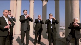 Six musicians on the background of the city